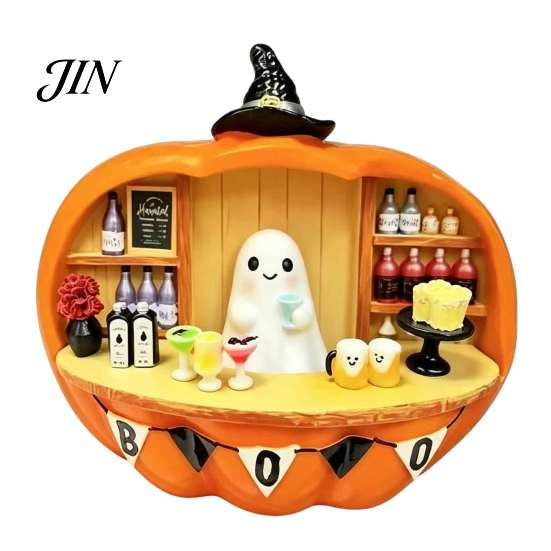 Halloween Theme Room Accents Pumpkin Bar Counter Figurine, Cute Ghost Bartender Mini Quirky Gift for Friends Scene Statue, Desktop Ornament Home Party