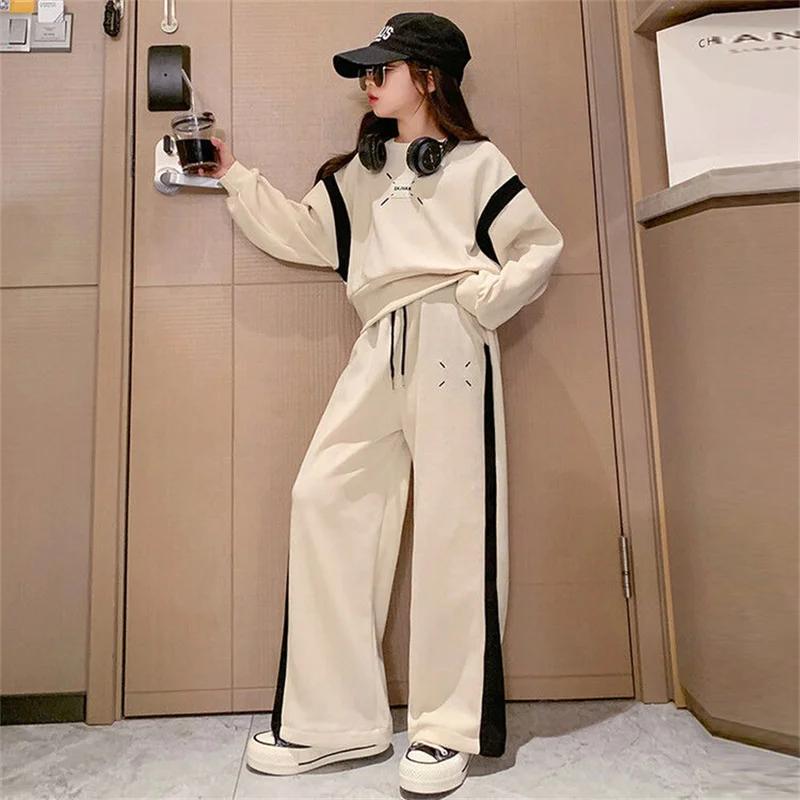 Комплекты детской одежды для девочек, осенняя толстовка с длинным рукавом, широкие брюки, детская одежда, костюмы 6, 8, 10, 12, 14 лет