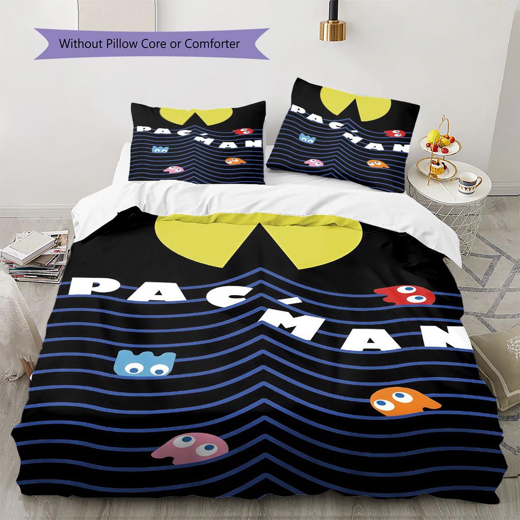 GAME Pac‑Man Pattern Bedding Home Decoration Birthday Gift ( 1 duvet cover + 2 pillowcase, without core),fan merchandise.