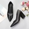 Черные кожаные туфли на среднем каблуке с грубым каблуком, женские рабочие туфли, одинарные туфли