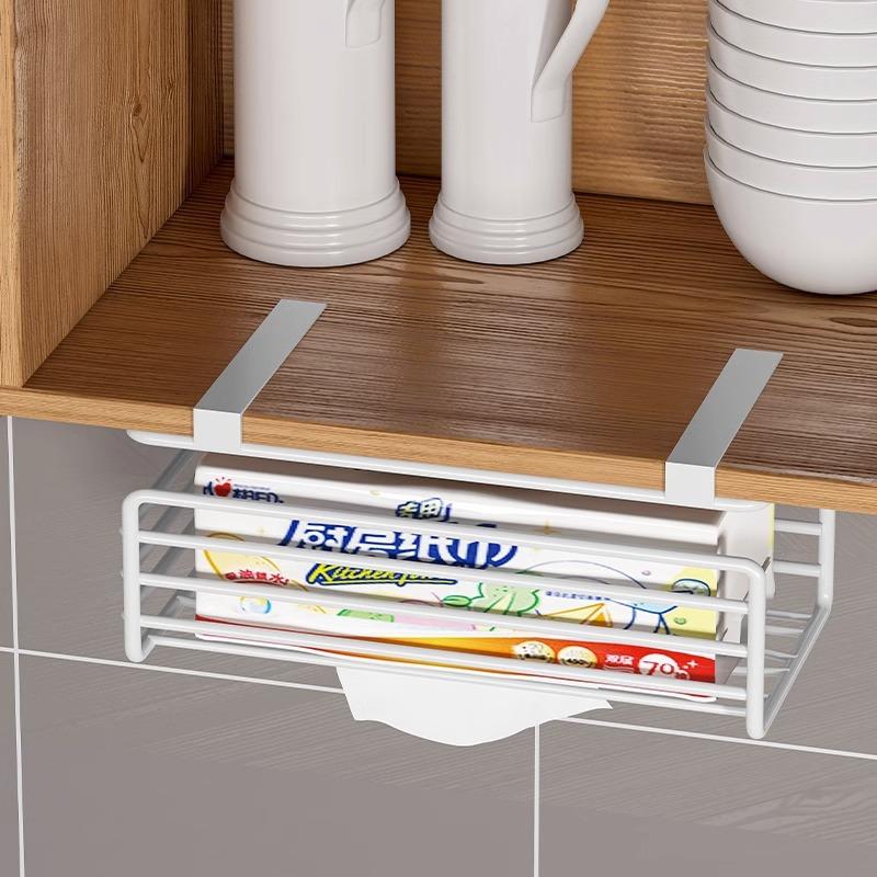 Кухонная полка для салфеток, подвешиваемая без перфорации, под шкафами, для хранения рулонов пищевой пленки, металлическая полка для многофункциональных влажных салфеток