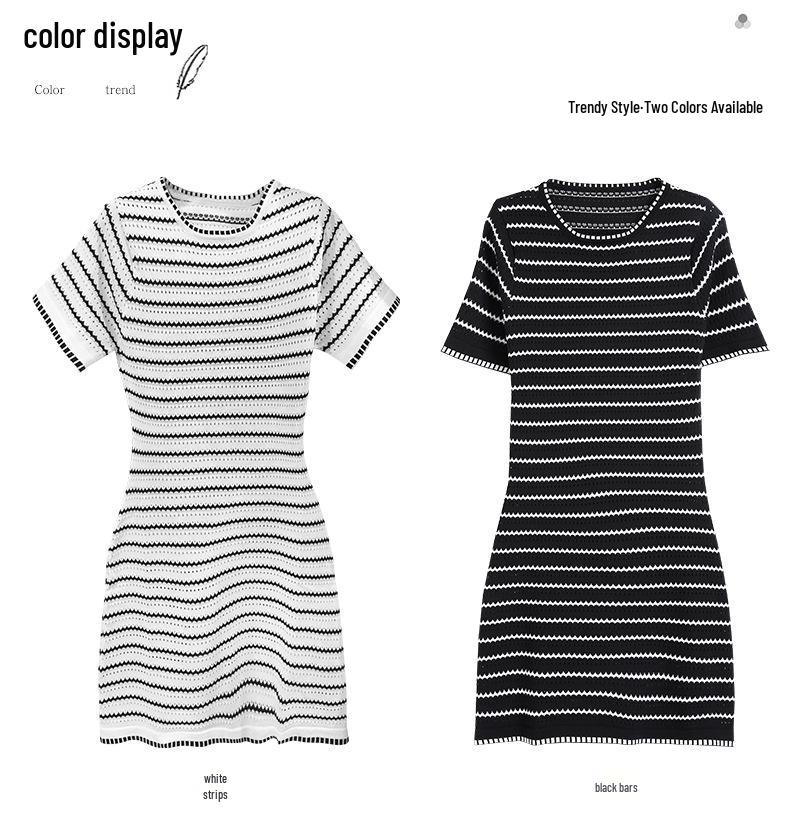 Spring/Summer Knitted A-line Dress: Breathable Striped Cutout Design for Everyday Wear