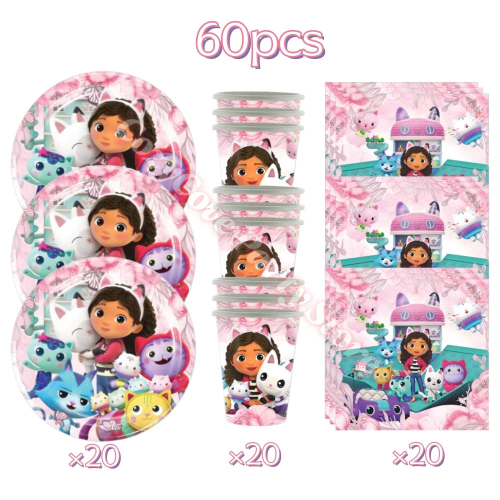 Gabby Dollhouse Birthday Party Decoration Gabby Tableware Bracelets Stikers Cake Topper Balloons For Kids Party Gift Photo Booth
