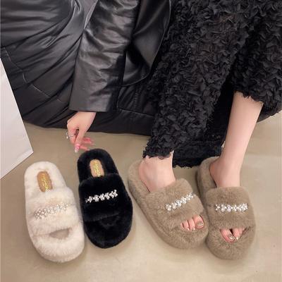 Осень и Зима Новые Жемчужные Сказочные Меховые Тапочки Милые Домашние Толстая Подошва Старшие Меховые Тапочки