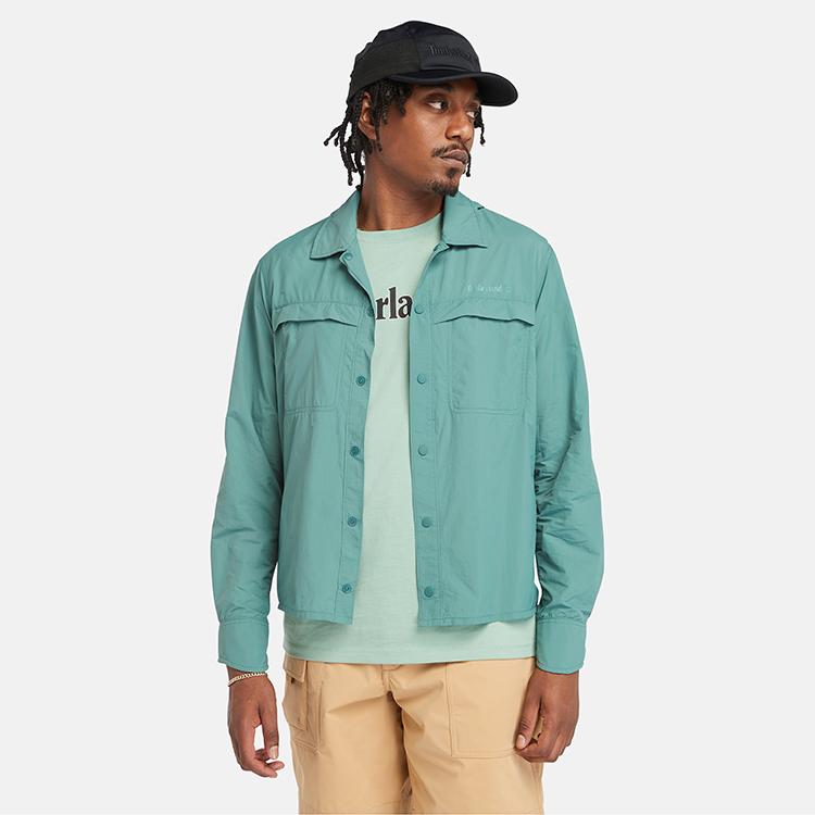 Timberland SS24 Однотонная рубашка с защитой от ультрафиолета, мужские рубашки, сине-зеленые A5XKU-CL6
