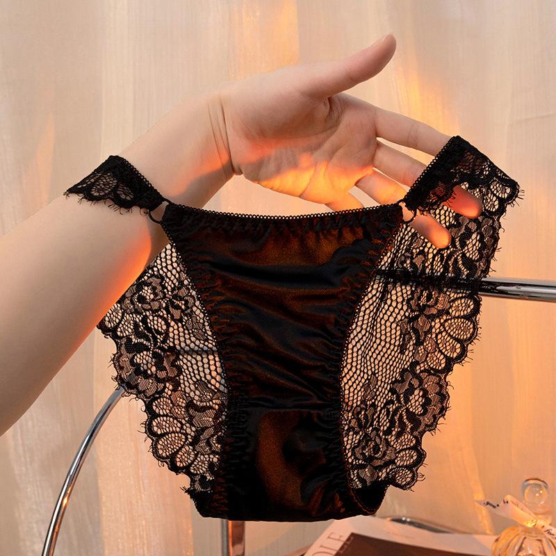 Luxury Satin Lace Panties Women Metal Hollow Out Transparent Mesh Seductive Triangle Underwear Comfort Fit Elegant Design