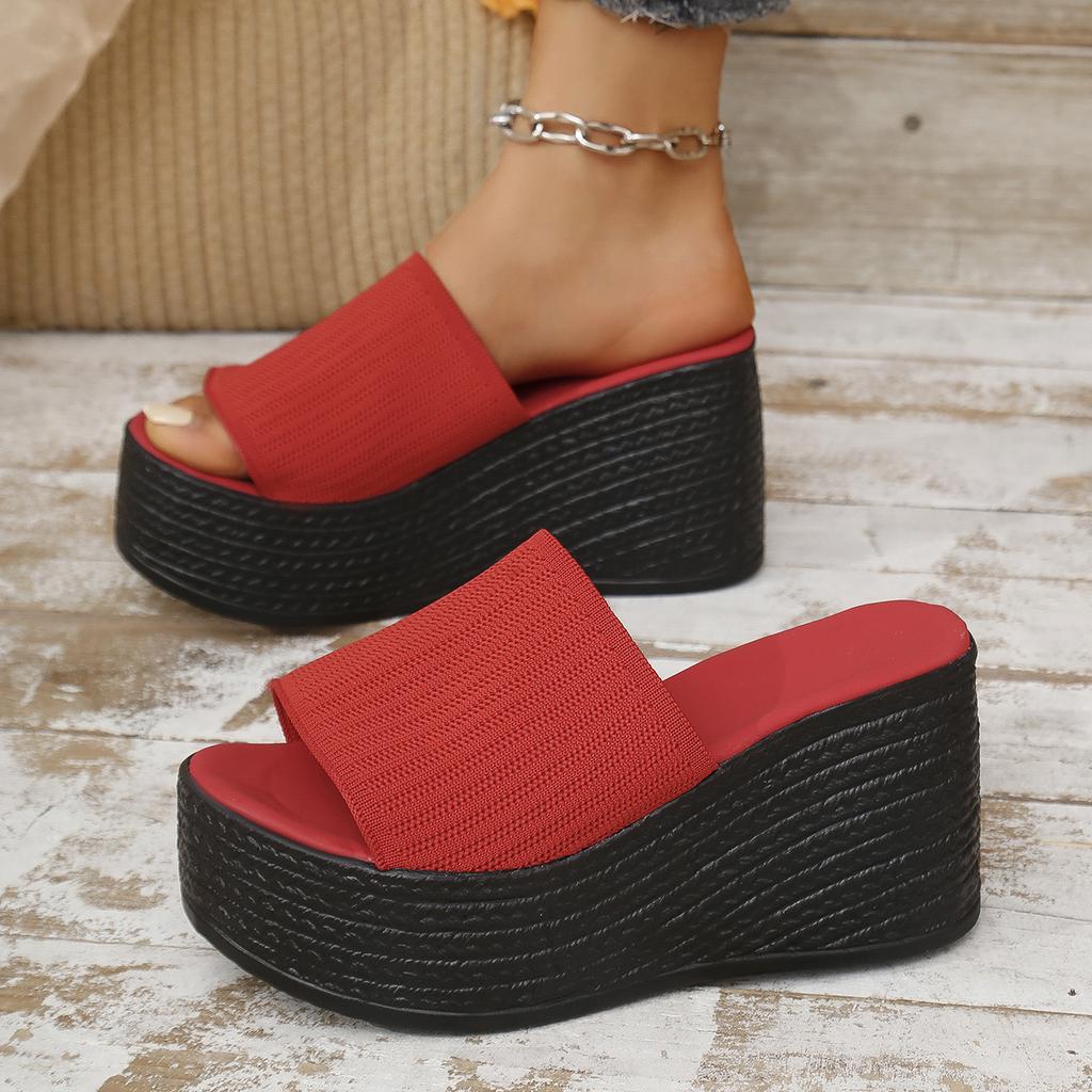 Женские тапочки из эластичной ткани на толстой платформе, нескользящие летние сандалии с толстой подошвой, женские модные босоножки на танкетке, женские босоножки