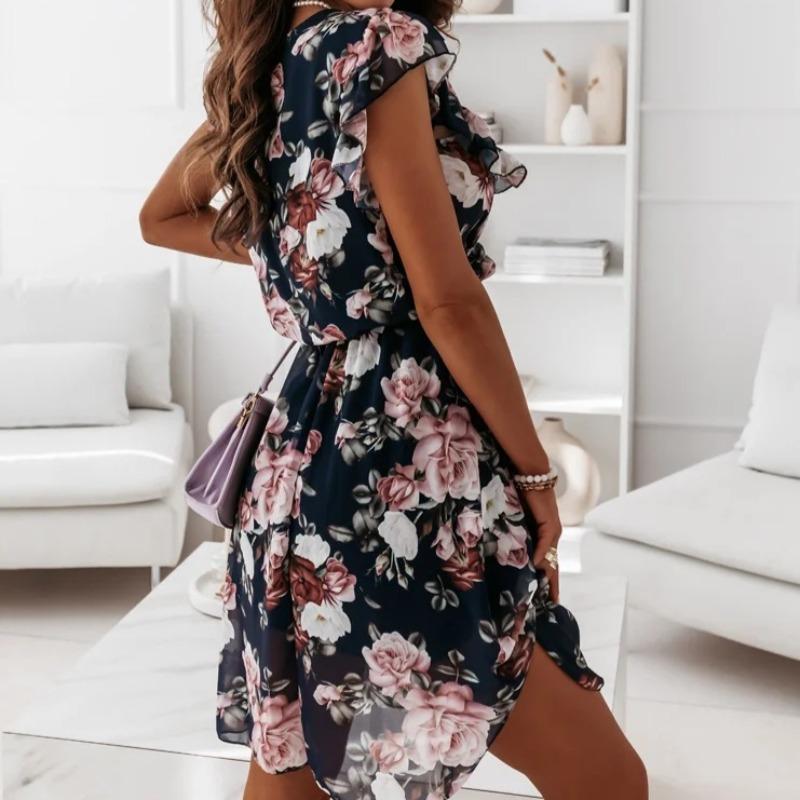 IHUASU Summer Holiday Style Ruffle Short Sleeve Chiffon Printed Rose Dress