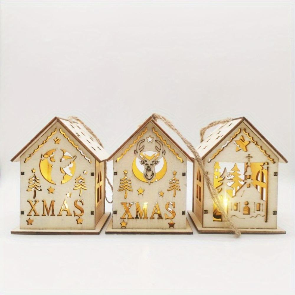 1PC Christmas Wooden Crafts Wooden Christmas Small House Cabin Lighting Ornaments Pendant Christmas Tree Decoration