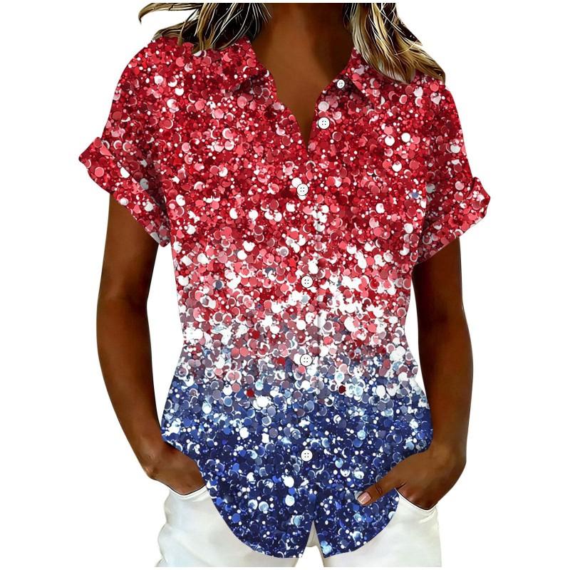 Womens Loose Fit Short Sleeve Printed Shirt Casual Vacation Style Collared Open Front Top
