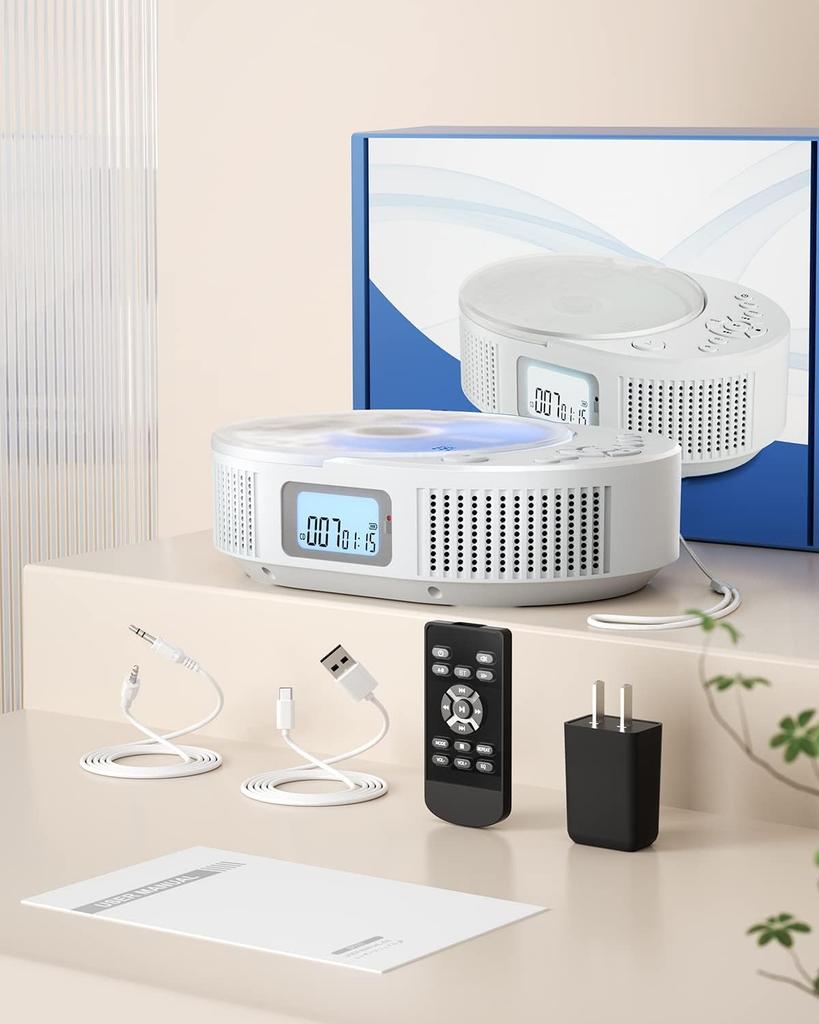 FELEMAN Portable CD Player with Built-in Bluetooth Speaker, 2000mAh Rechargeable Battery, CD Radio, Timed Off Function, LED Display, Dustproof Clear