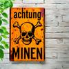 Винтажный немецкий предупреждающий знак Achtung Minen Металлическое настенное искусство Рустик Железный Череп с костями Дизайн Предварительно просверленные отверстия для легкого монтажа