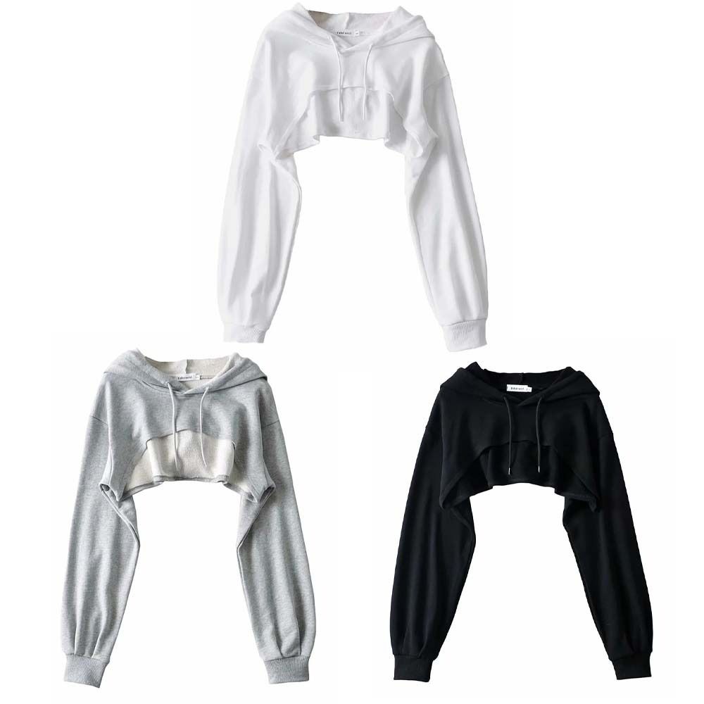 Лоскутный кроп-топ с длинным рукавом, ультракороткий пуловер с кулиской, женская толстовка, уличная одежда