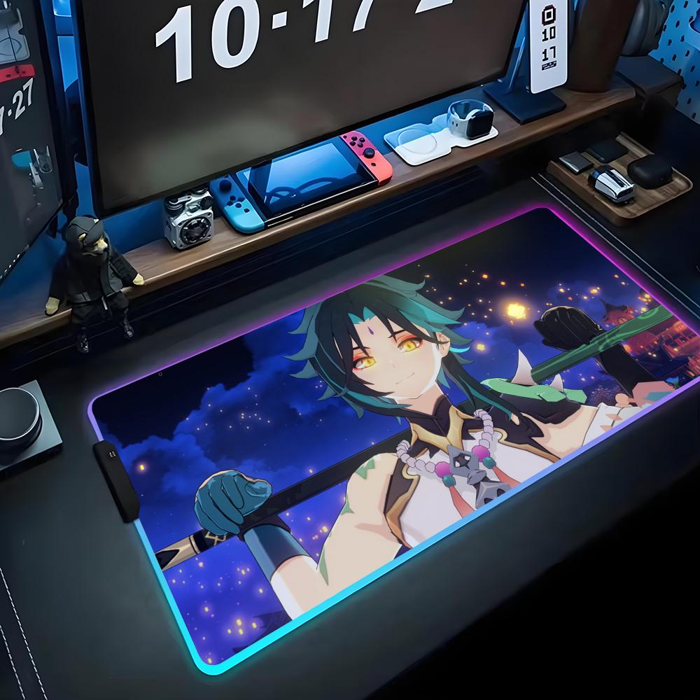 Genshin xiao Коврик для мыши RGB Игровой коврик для мыши Большой светодиодный коврик Настольный коврик для ПК Светящийся коврик для мыши Большие коврики для клавиатуры Настольный ковер с подсветкой