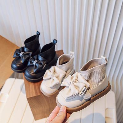 Детские кожаные ботинки с бантом для девочек, носки, эластичные вязаные короткие ботинки, детская обувь для