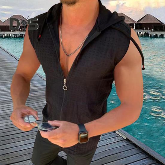 3D Cutting Vest Top Drawstring Модная летняя спортивная толстовка без рукавов с капюшоном