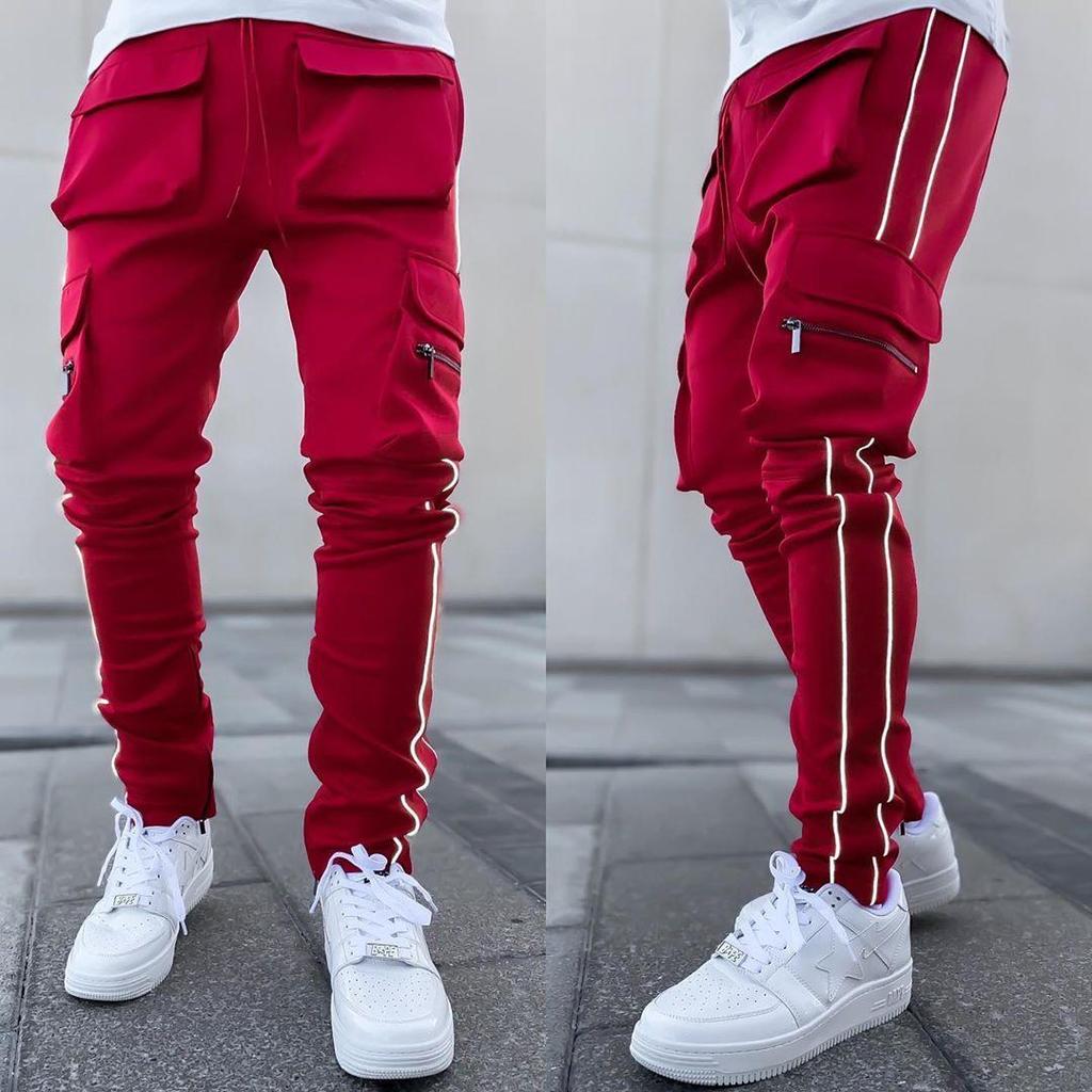 Мужские светоотражающие эластичные облегающие брюки-карго: Модная спортивная и повседневная одежда на весну и осень