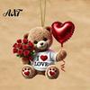 Heart Balloon Hanging Decoration Teddy Bear Ornament, Holding Red Rose Bouquet Decoration, Ornament Car Rearview Mirror 2D Flat Acrylic