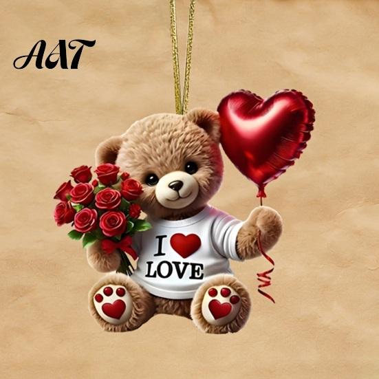 Heart Balloon Hanging Decoration Teddy Bear Ornament, Holding Red Rose Bouquet Decoration, Ornament Car Rearview Mirror 2D Flat Acrylic