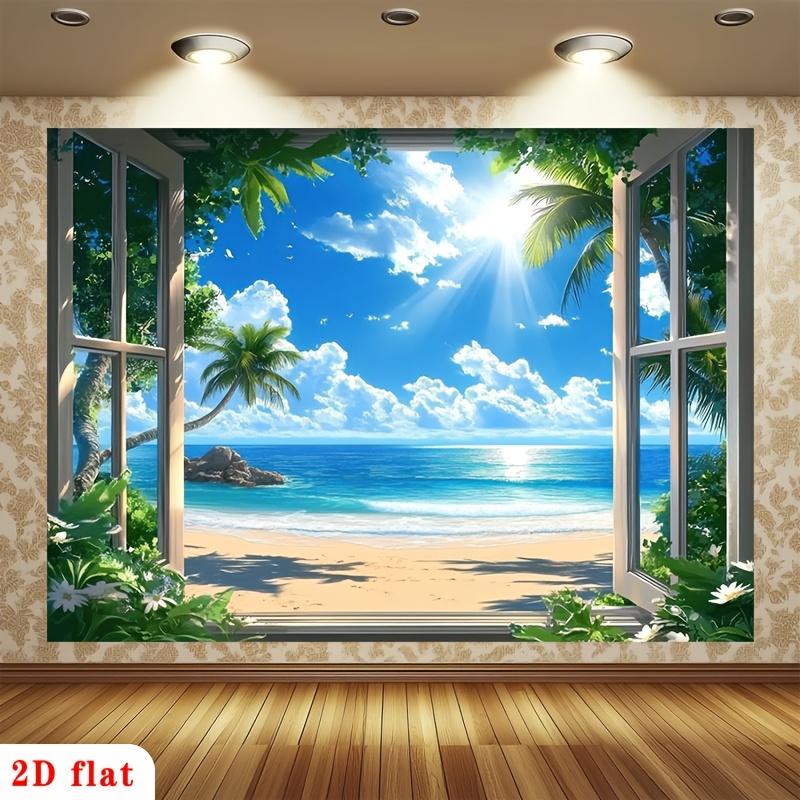 2D flat banner 1 piece. Tropical beach window scene with palm tree landscape art polyester background fabric.