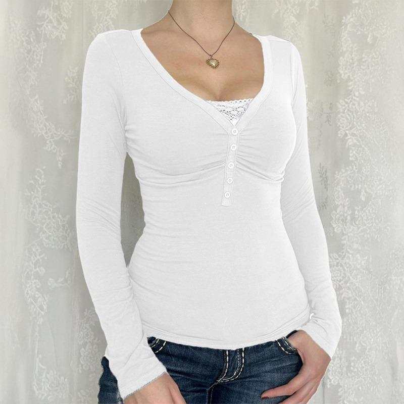 Women Slim Fit V Neck Long Sleeve Knit T Shirt With Buttons Y2k Style
