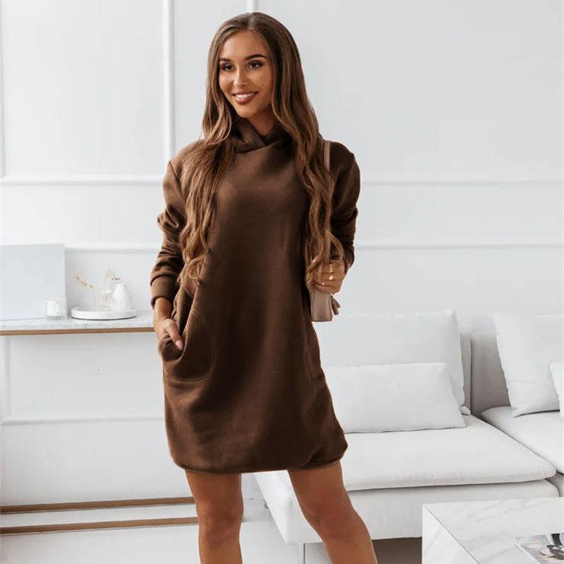 Женское платье-свитшот, толстовки, осенне-зимние толстовки, теплое осеннее однотонное платье с длинными рукавами и длинными рукавами с капюшоном, платье с капюшоном