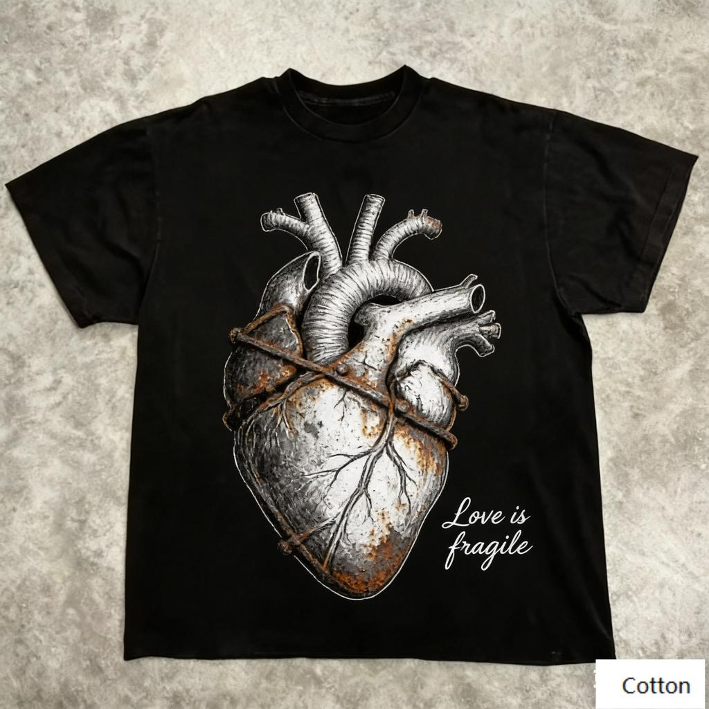 Streetwear Unisex Cotton TShirt Featuring Edgy Love Is Fragile Design Dark Art Street Style Top