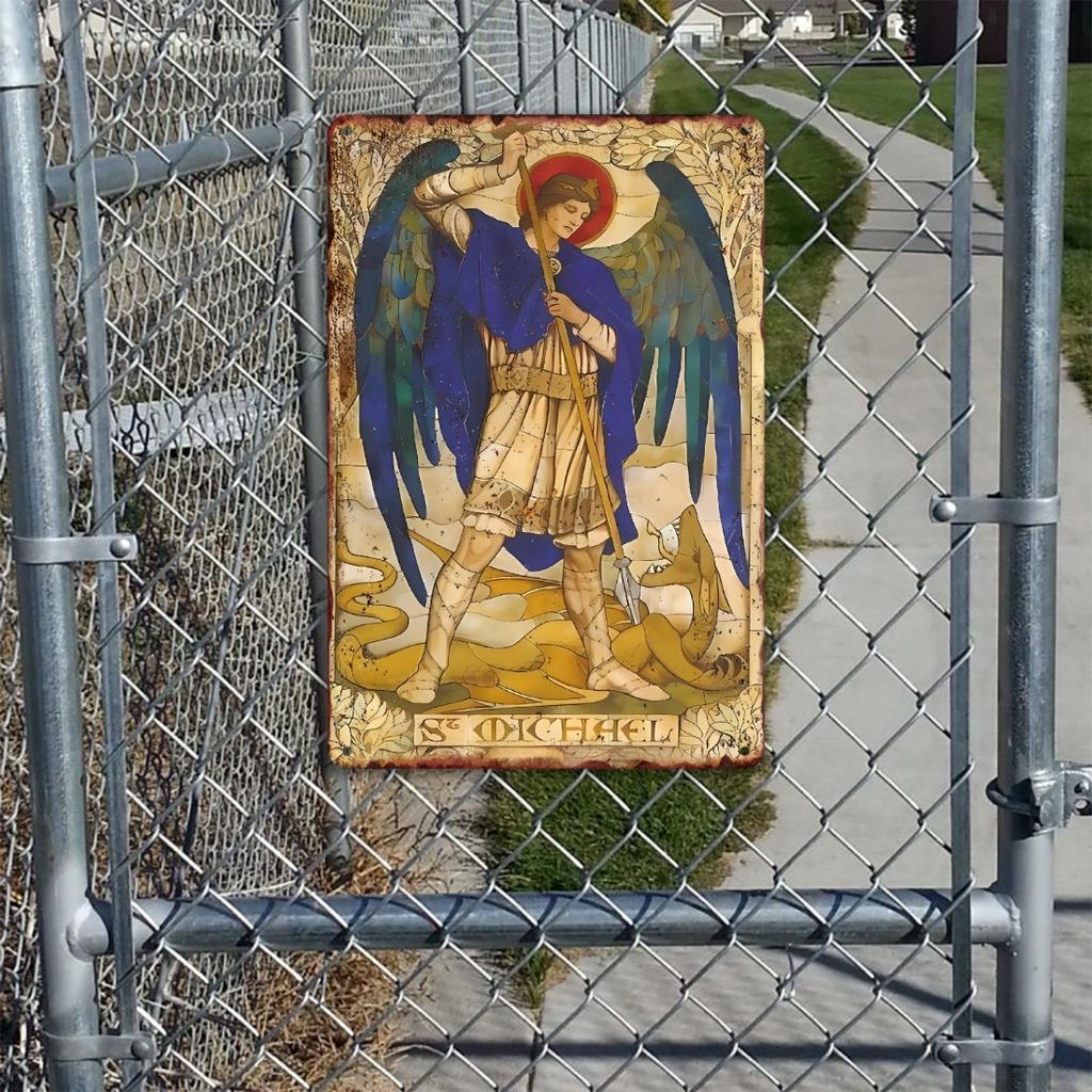 Винтажная алюминиевая табличка Архангел Михаил, Портретная ориентация, Прочный металлический настенный декор для дома