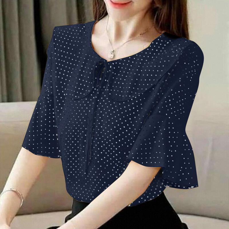 ZANZEA Женская летняя повседневная блузка с воротником-куколкой и коротким рукавом в горошек