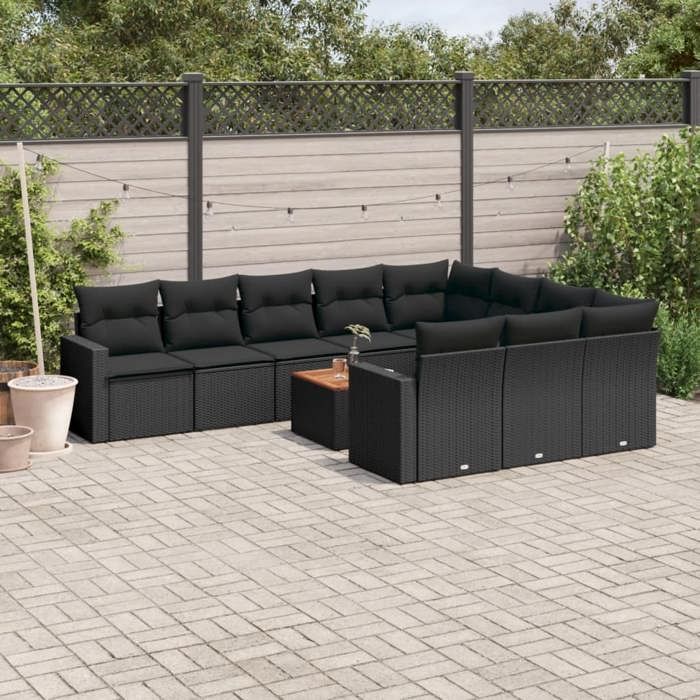 VidaXL Salon de Jardin avec Coussins 11 pcs, Canapés de Terrasse, Ensemble de Meubles de Patio, Mobilier d'Extérieur, Noir 3256629