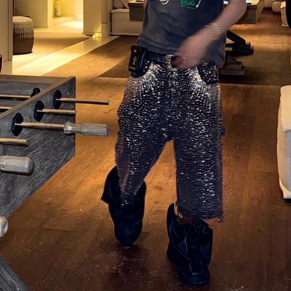 RogueWave Streetwear Мешковатые джинсовые шорты для мужчин с принтом из страз, рваные, выстиранные, короткие, повседневные, свободные, из денима, пятиточечные