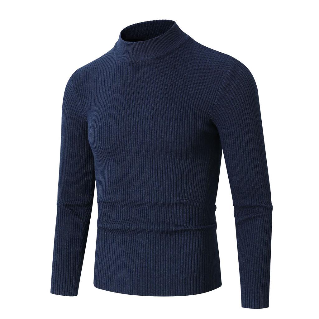 Autumn And Winter Men'S Solid Color Semi-Turtleneck Sweater Men'S European And American Slim-Fitting Striped Pullover Bottoming Knitted Sweater Men'S