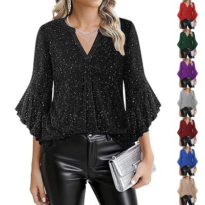 Женский модный тюлевый топ с V-образным вырезом, рукавами-лепестками три четверти, свободного кроя