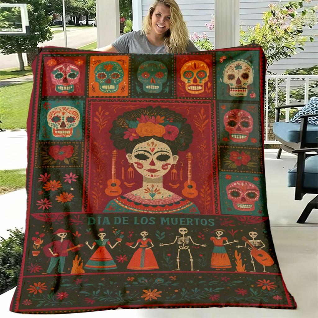 1pc Da De Muertos Flannel Throw Blanket Soft Warm Mexican Folk Art Design with Skulls, Marigolds Guitars, AllSeason Cozy Home Decor Travel Accessory,