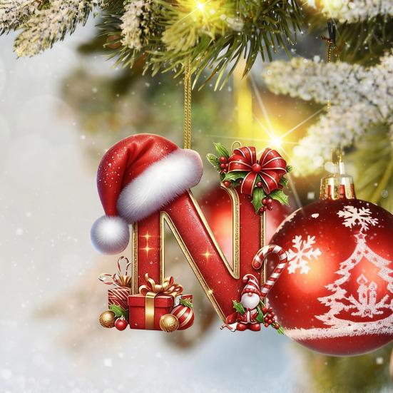 Красные инициалы Рождественские украшения 2D акриловые персонализированные гномы монограммный кулон с шапкой Санты 26 букв украшение для подвешивания на рождественскую елку