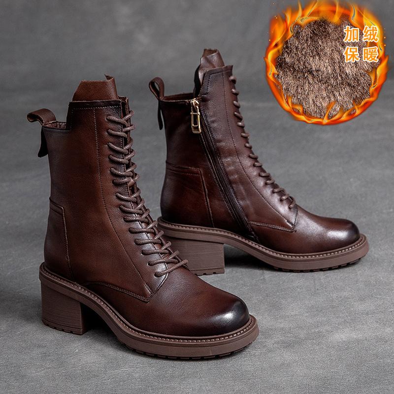 Мода 2025 Ручная работа Ретро Сапоги на высоком каблуке Женские Осень Зима Натуральная коровья кожа Круглый носок Молния Тренд Теплые Сапоги до середины икры Женские