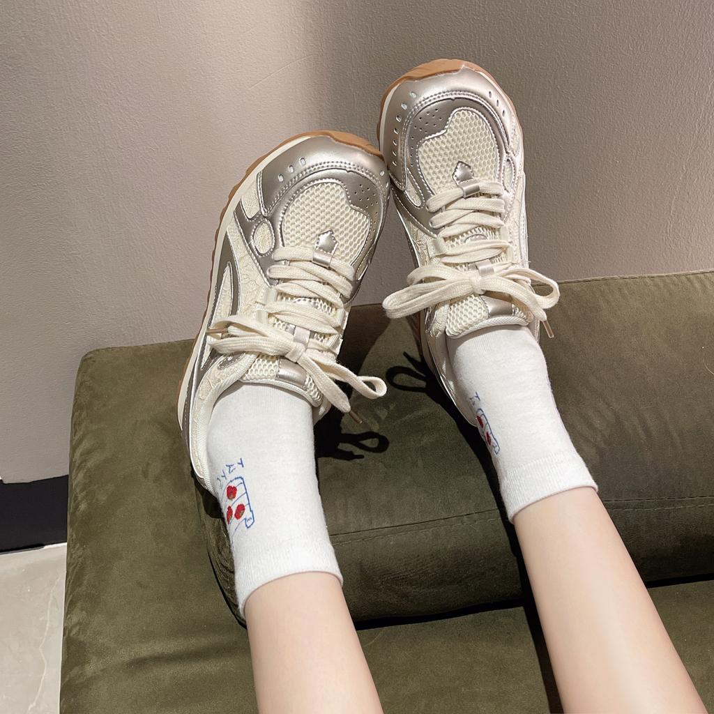 2024Luxurious Microfiber Leather Lace Stitching Breathable Women's Loafers Lace-up Sports Shoes Casual Running  Vulcanized Shoes