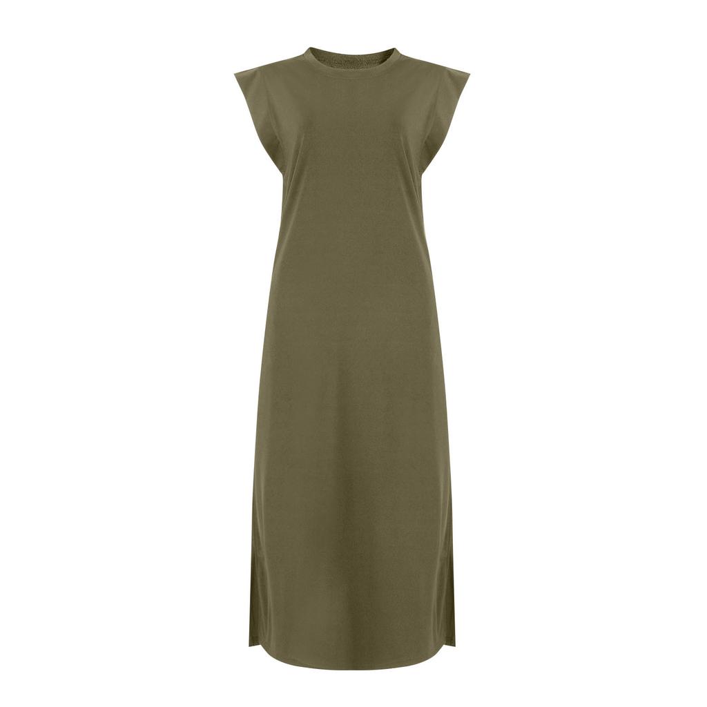 Женское летнее повседневное свободное платье с круглым вырезом и разрезом без морщин, длинное пляжное платье макси с карманами