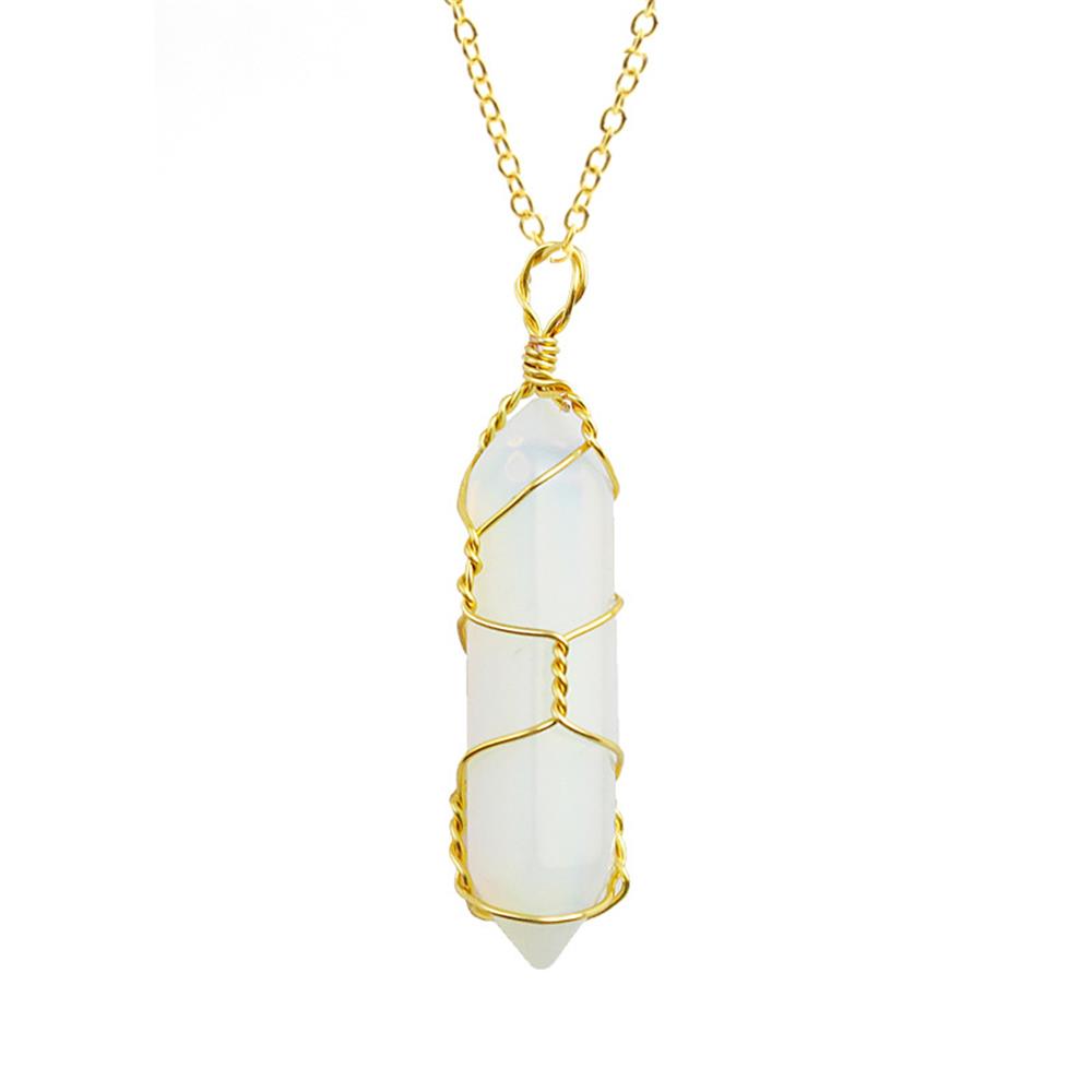 Blue sand Wire Wrap Stone Pendant Natural Stone Rose Quartz Hexagonal Cylindrical Crystal Necklace