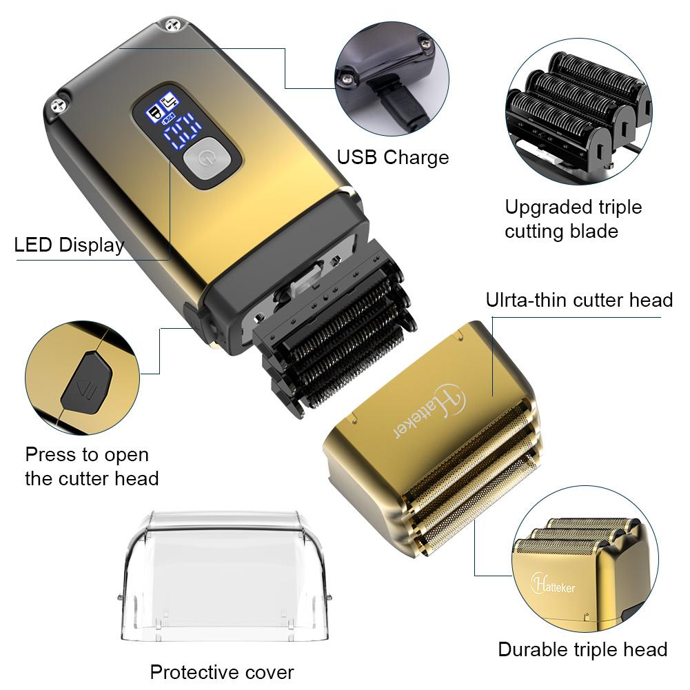Hatteker Электрическая бритва для мужчин, 3 лезвия, мужская электробритва, водонепроницаемая бритва для лысины, триммер для бороды, бритва из фольги