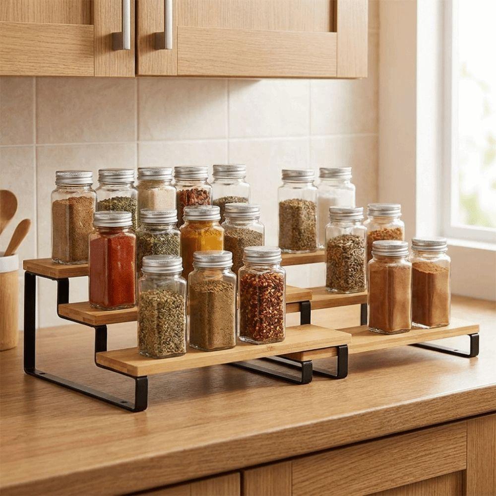 Large Capacity Expandable Step Storage Rack Bamboo Spice Condiment Shelf Living Room