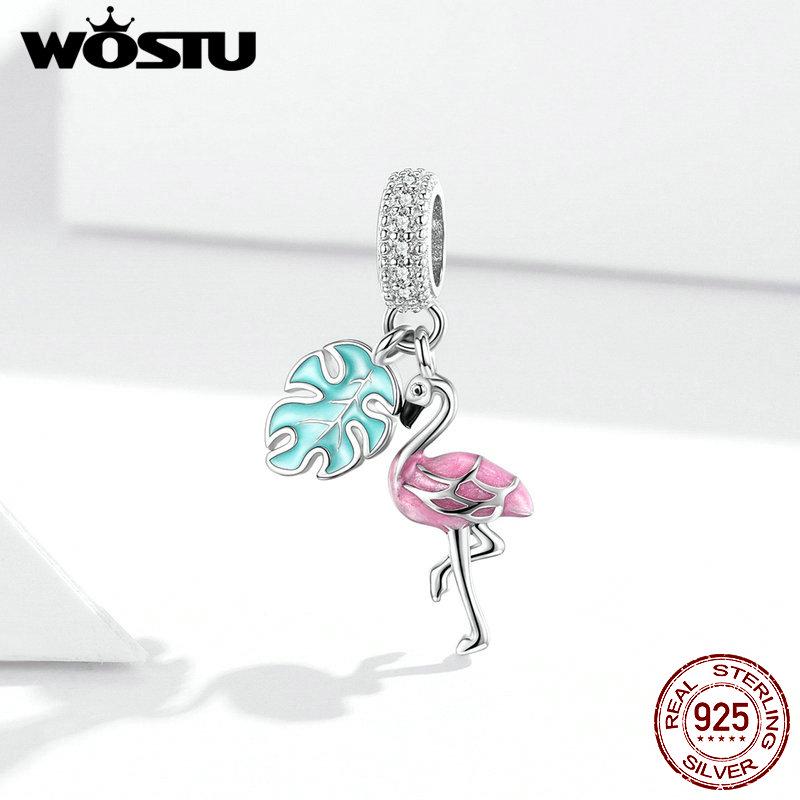 WOSTU Flamingo Pendant 925 Sterling Silver Tropical Flamingo Charms Color Enamel fit Beads Bracelets Jewelry Making CTC277