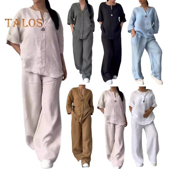 2 шт./компл., блузка, комплект брюк, V-образный вырез, длинные рукава, декор пуговиц, топ с широкими штанинами, свободные брюки с эластичной резинкой на талии, OL, повседневная домашняя одежда для поездок на работу, наряд