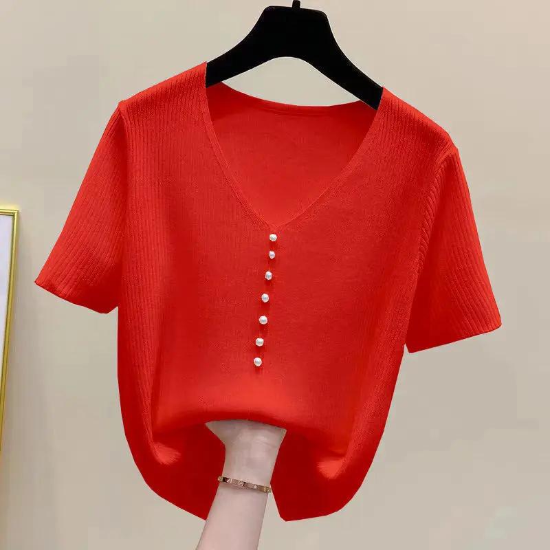Женский вязаный топ с V-образным вырезом, короткий рукав, пуговицы-жемчужины, повседневная свободная блузка