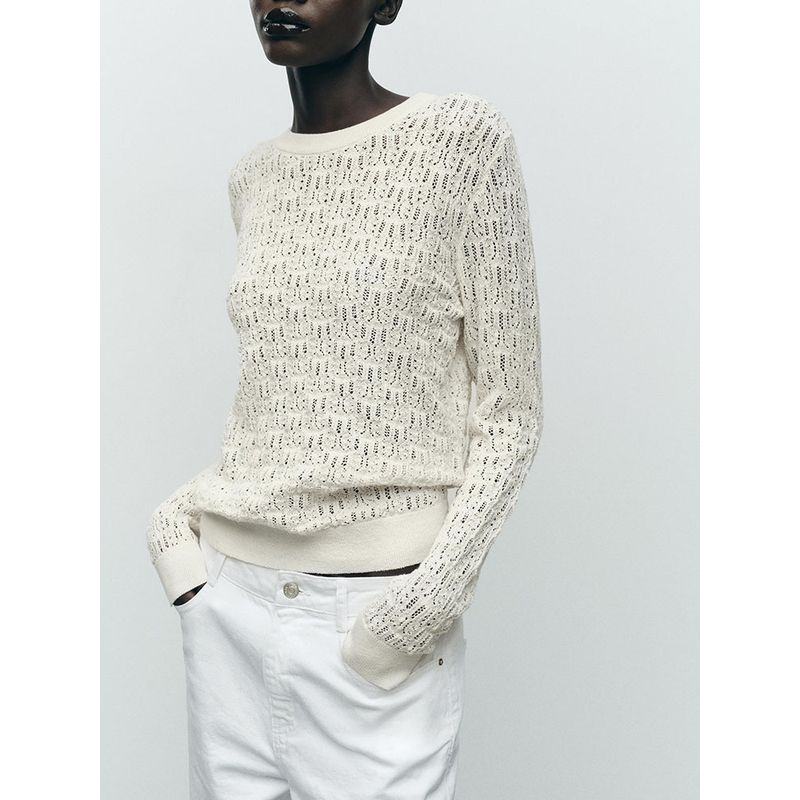 Za2025 Spring New Women's Clothing Easiest for Match Jacquard Mesh Long Sleeves Round Neck Cut Out Simple Knitwear 3471010