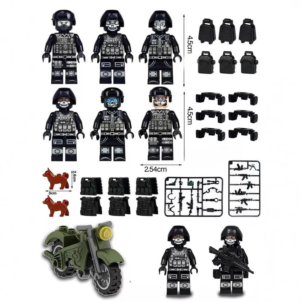 Военная фигурка из строительных блоков Черный солдат спецназа Беспорядки Вооруженный мотоцикл Игрушка 6 наборов Pyp