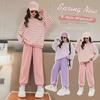 "Girls' Korean Striped Sweatshirt & Trousers Set - Autumn/Spring Sportswear for Kids"