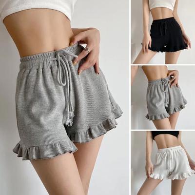 Женские шорты из вафельного трикотажа с эластичной резинкой на талии, широкие струящиеся шорты с оборками