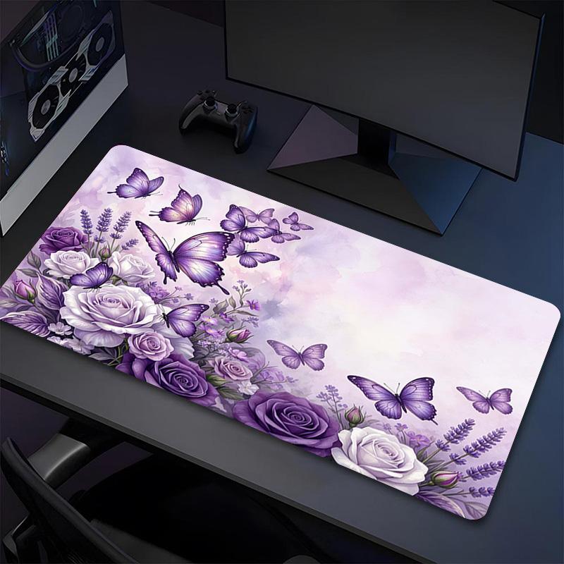 Purple Butterflies Flowers Xl Gaming Mouse Pad Nonslip Rubber Base Stitched Edge Waterproof Desk Mat For Pc Laptop Gamer Office Computer Accessories C