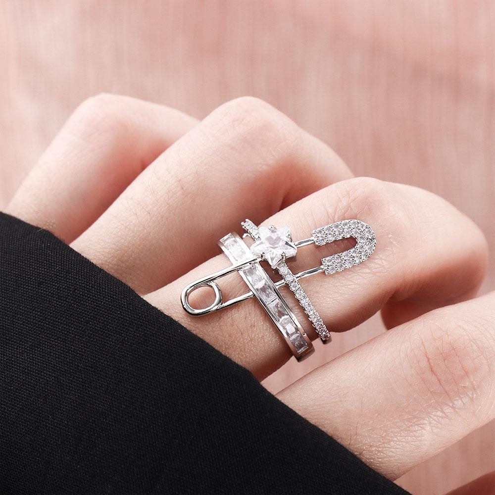 Girls Exaggerated Zircon Double Layer Pin Design Finger Rings Copper Fashion Jewelry Open Ring